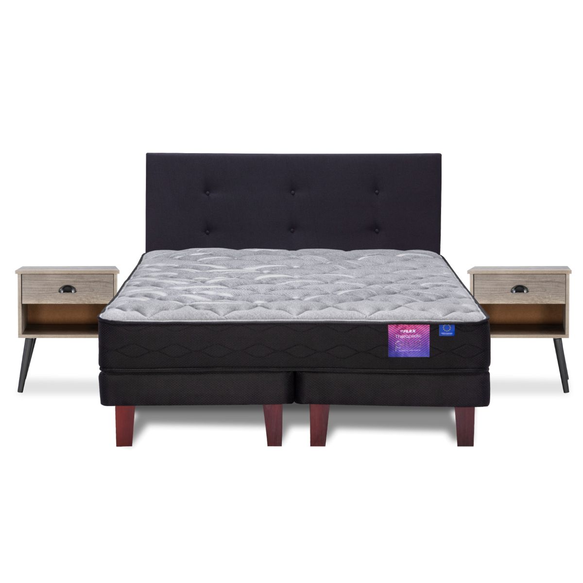 FLEX - Cama Europea 2 Plazas Therapedic Plus Flex 150X200 Cm + Respaldo Royal + Velador Rock Flex