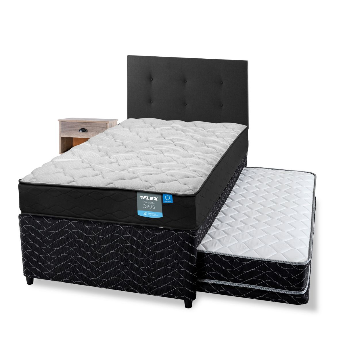 FLEX - Diván Therapedic Plus Flex 1.5 Plaza 105X200 Cm + Respaldo Royal+ Velador Rock Flex