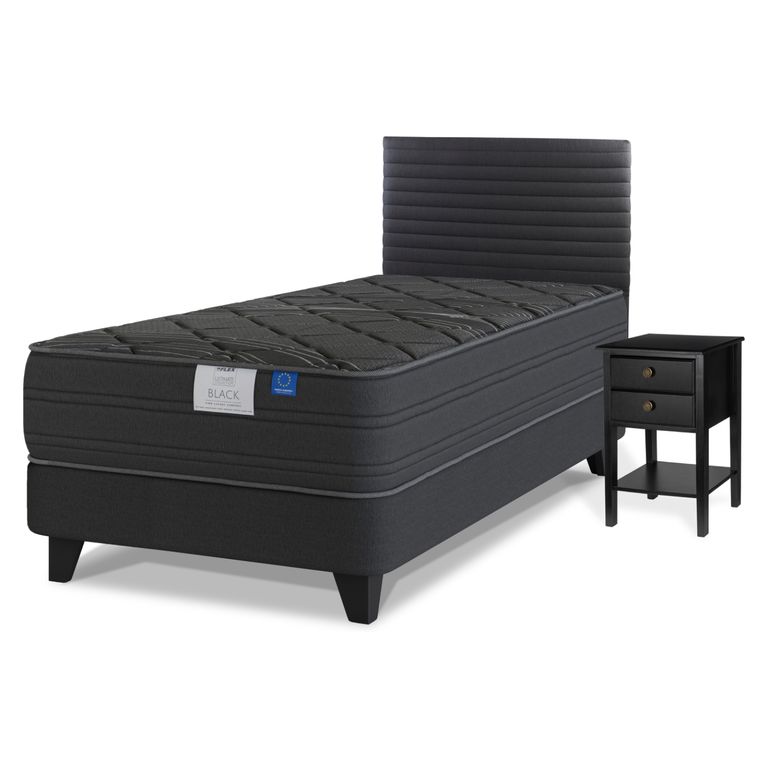 Cama Europea Black 1.5 Plazas x 2.00mt + Respaldo + 1 Velador