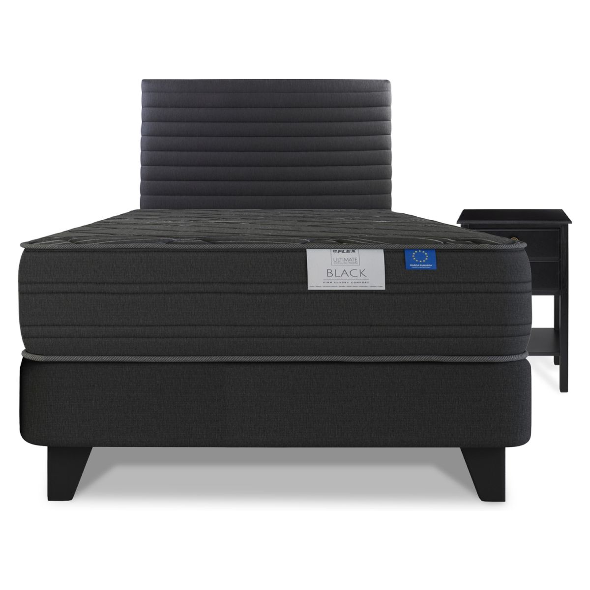 FLEX - Cama Europea 1.5 Plaza Black Flex 105X200 Cm + Respaldo Modern + Velador Rover Flex