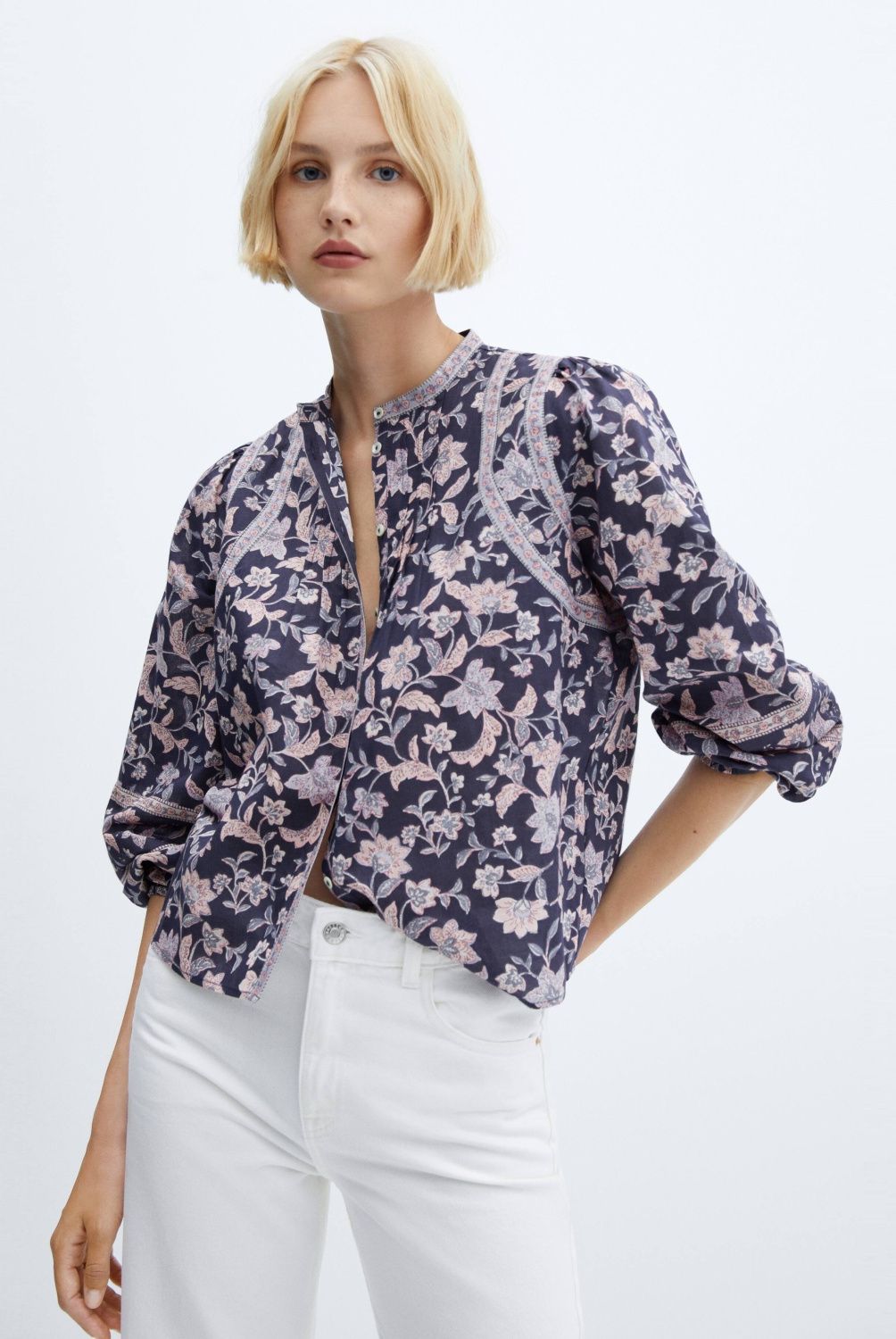 MANGO - Blusa Algodón Estampado Flores Mujer Mango