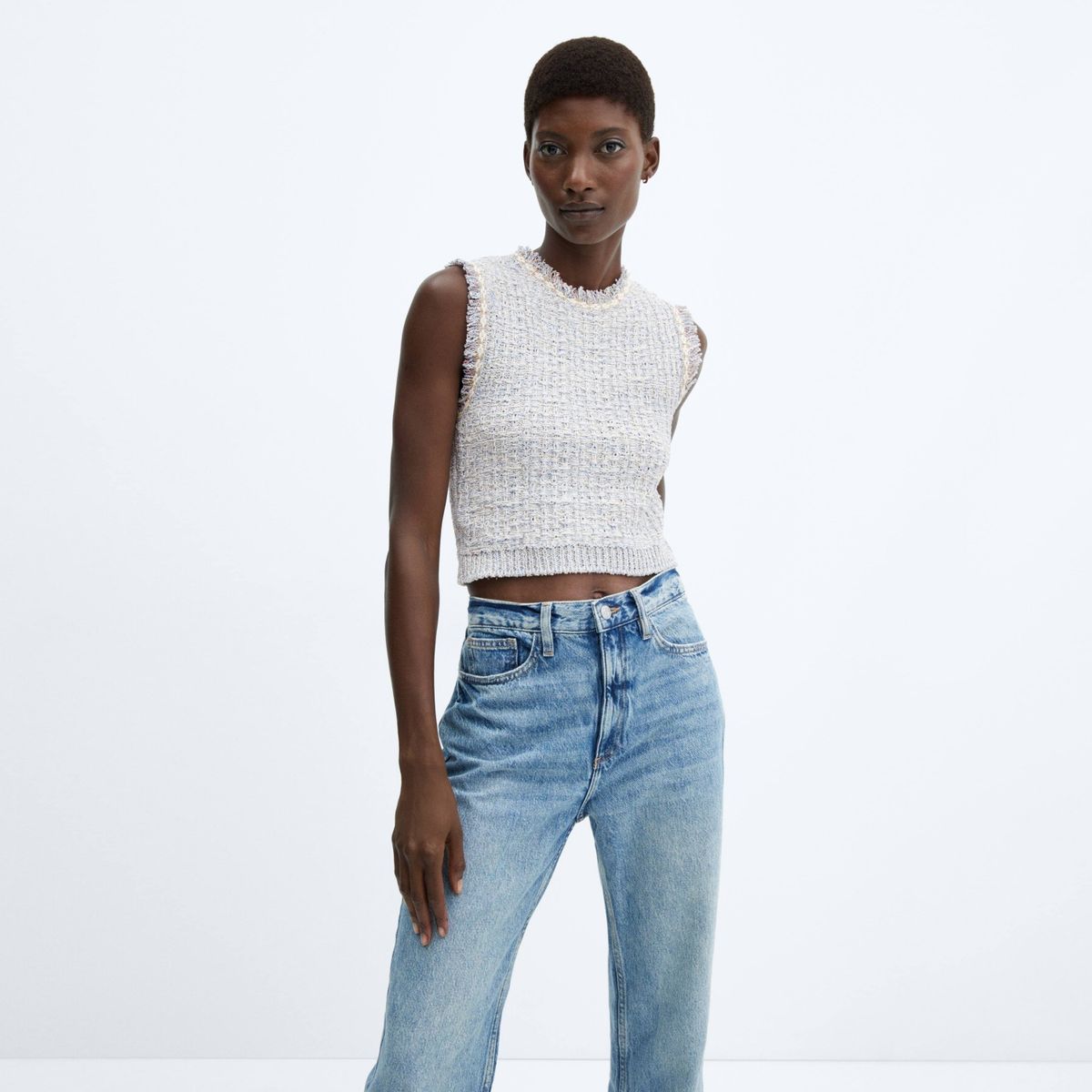 MANGO - Top Tweed Botón Joya Mujer Mango