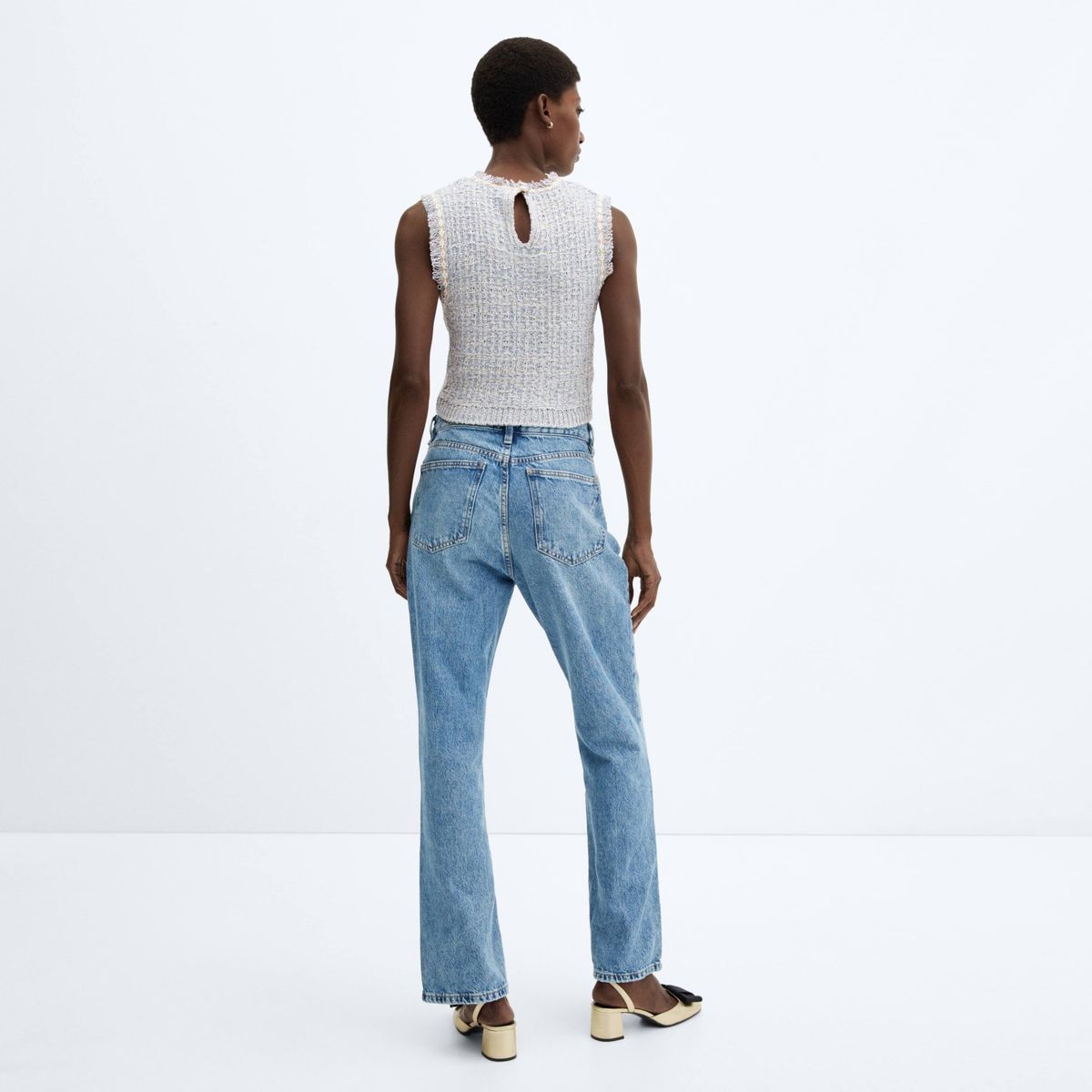 MANGO - Top Tweed Botón Joya Mujer Mango