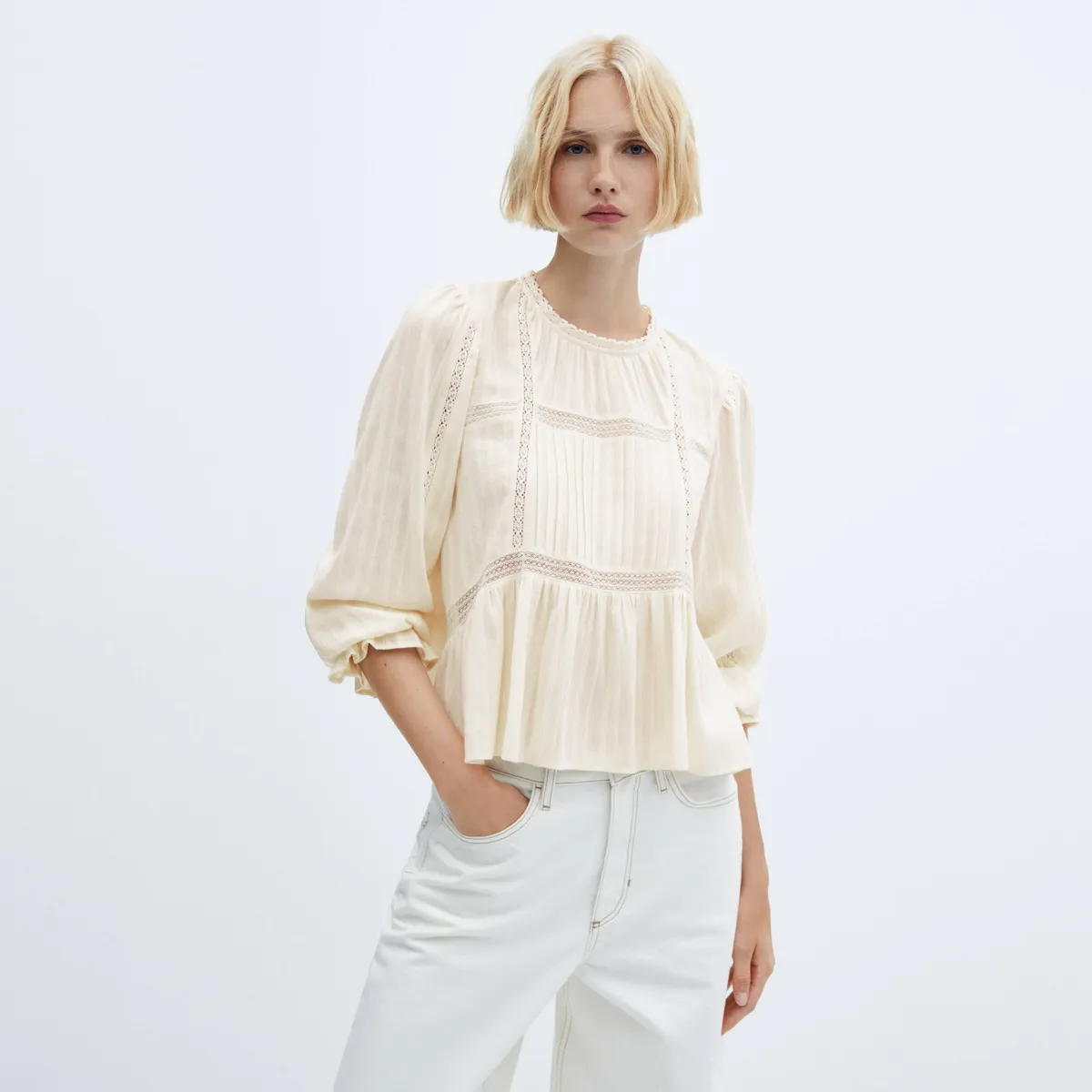 MANGO - Blusa Bordado Manga Abullonada Mujer Mango