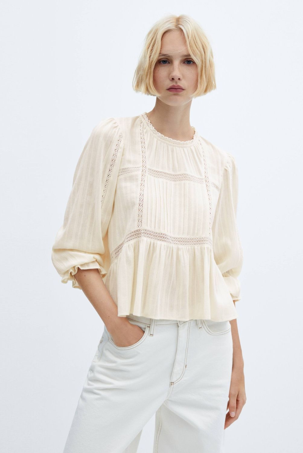 MANGO - Blusa Bordado Manga Abullonada Mujer Mango