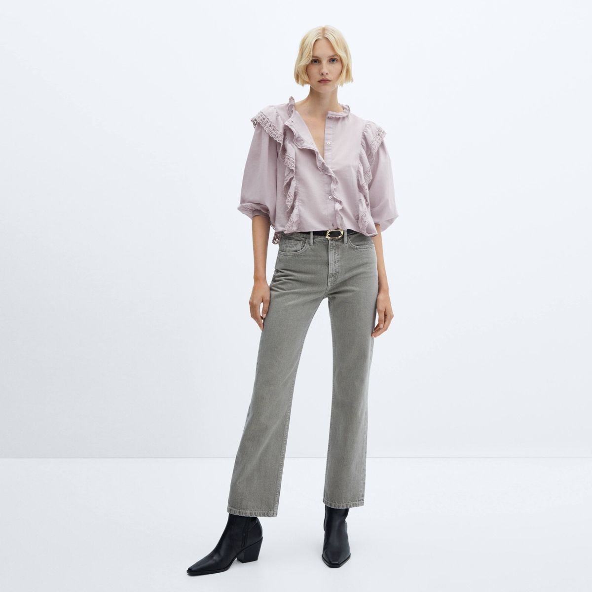 MANGO - Blusa Algodón Volantes Encaje Mujer Mango