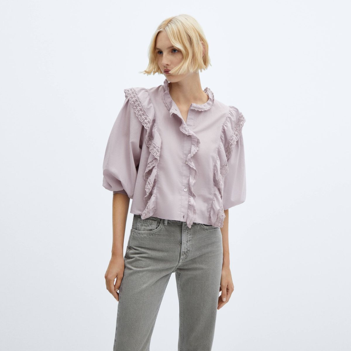 MANGO - Blusa Algodón Volantes Encaje Mujer Mango