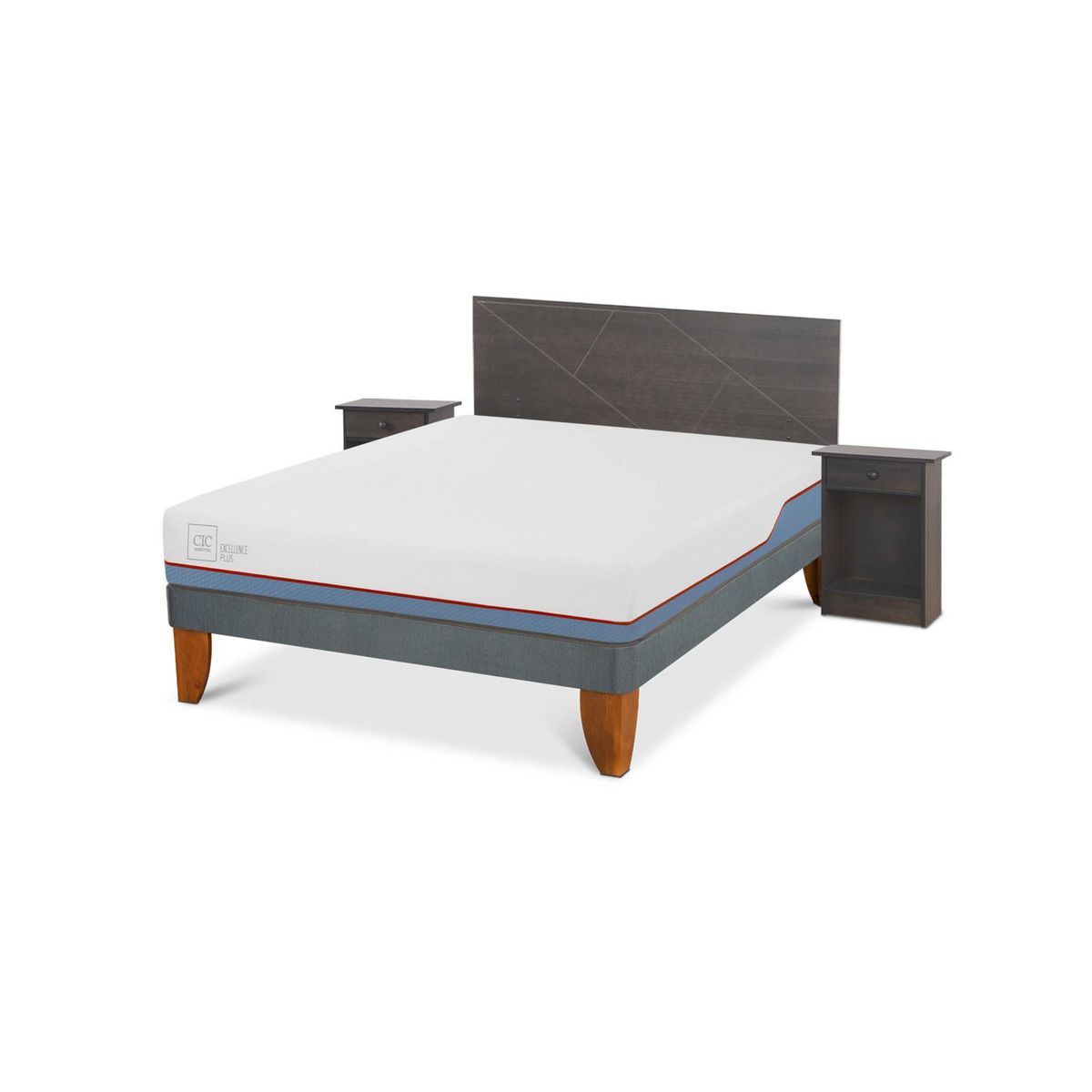 CIC - Cama Europea Excellence Plus 2 Plazas x 2.00 mt base normal + Respaldo + 2 veladores CIC