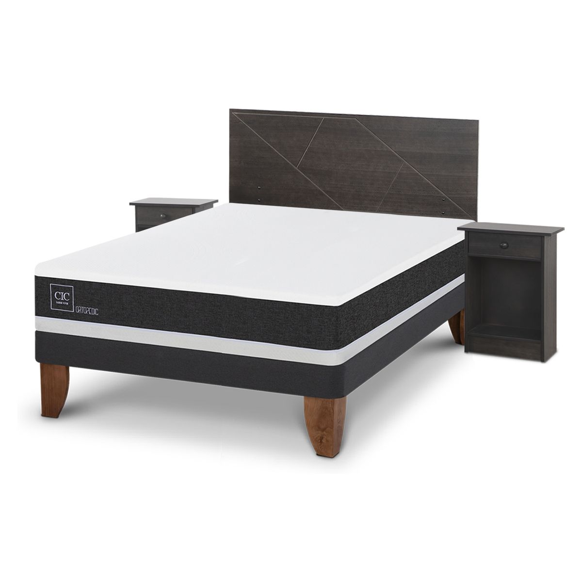 CIC - Cama Europea Ortopedic 2 Plazas + Respaldo + 2 Veladores Cic