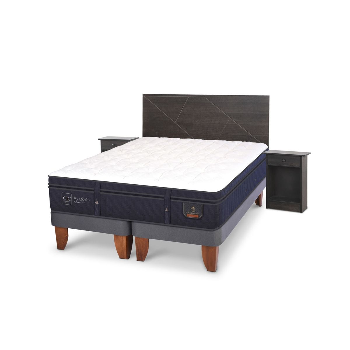 CIC - Cama Europea Super Prem 2 Plazas Cic + Respaldo + 2 Veladores