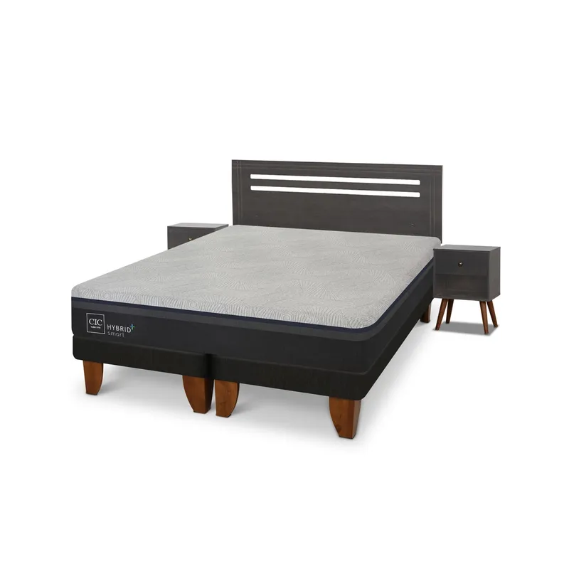 CIC - Cama Europea Hybrid Plus 2 Plazas + Respaldo + 2 Veladores Cic