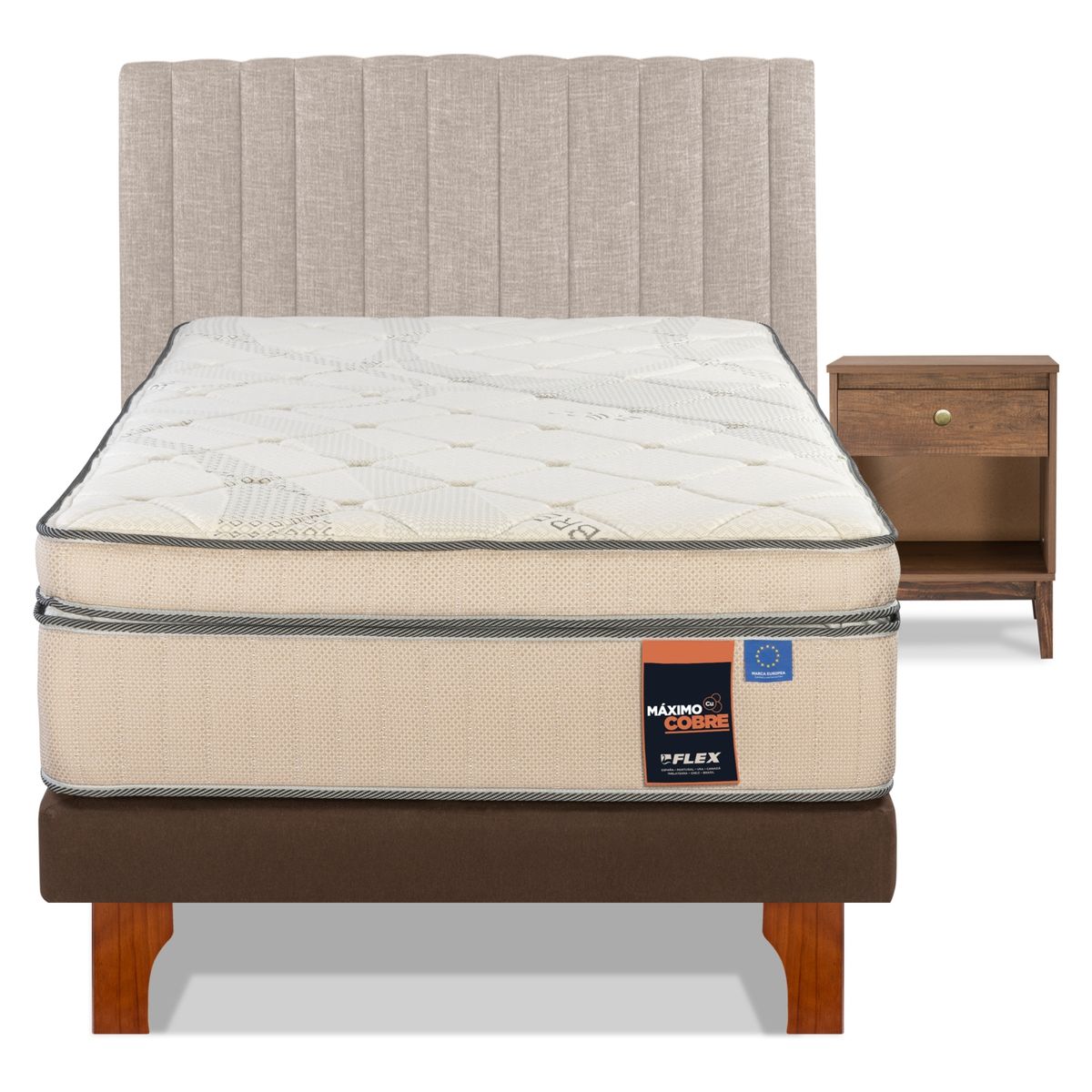 FLEX - Cama Europea Maximo Cobre 1.5 Plazas + Respaldo Incluye 1 Velador Flex