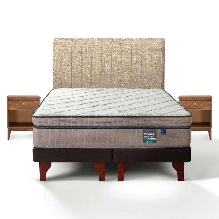 Cama Europea Maximo Cobre 2 Plazas x 2.00mt Base Dividida + Respaldo + 2 Veladores