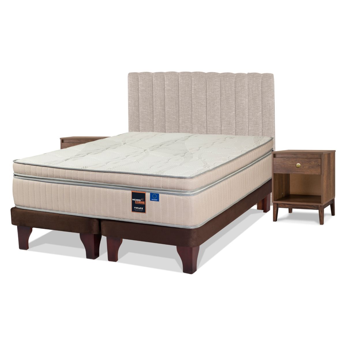 FLEX - Cama Europea Maximo Cobre 2 Plazas x 2.00mt Base Dividida + Respaldo + 2 Veladores Flex
