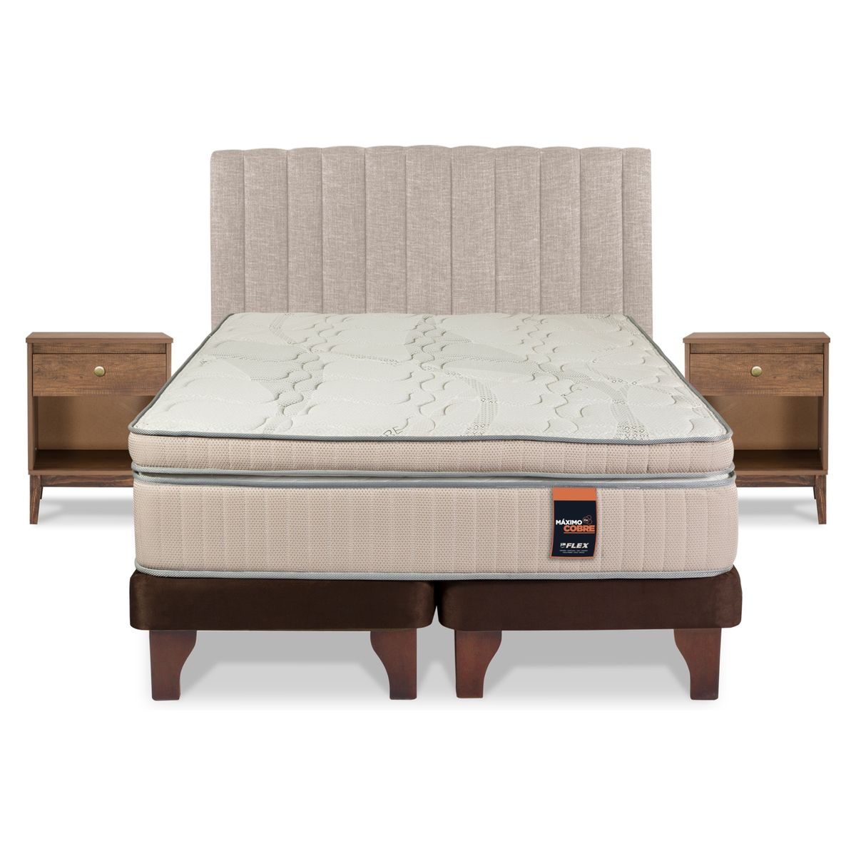 FLEX - Cama Europea Maximo Cobre 2 Plazas x 2.00mt Base Dividida + Respaldo + 2 Veladores Flex