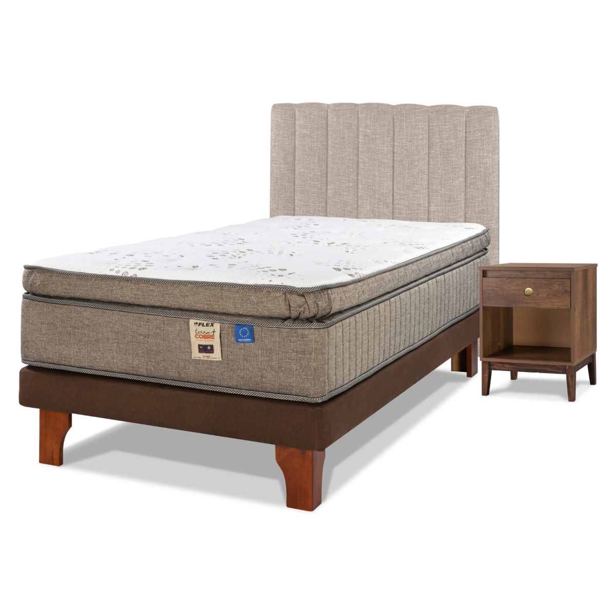 FLEX - Cama Europea Terra Cobre 1.5 Plazas + Respaldo Incluye 1 Velador Flex