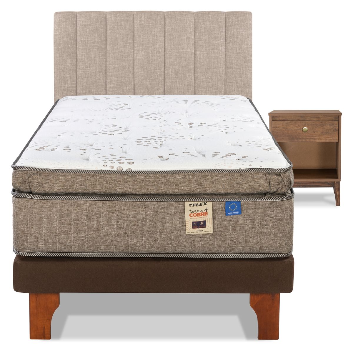 FLEX - Cama Europea Terra Cobre 1.5 Plazas + Respaldo Incluye 1 Velador Flex