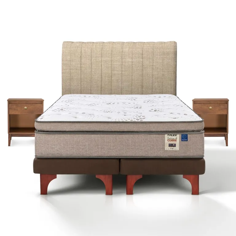 Cama Europea Terra Cobre 2 Plazas x 2.00 mt Base Dividida + Respaldo + 2 Veladores