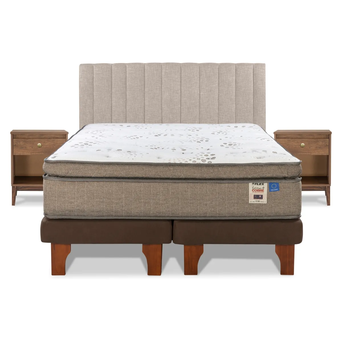 FLEX - Cama Europea Terra Cobre King + Respaldo Incluye 2 Veladores Flex