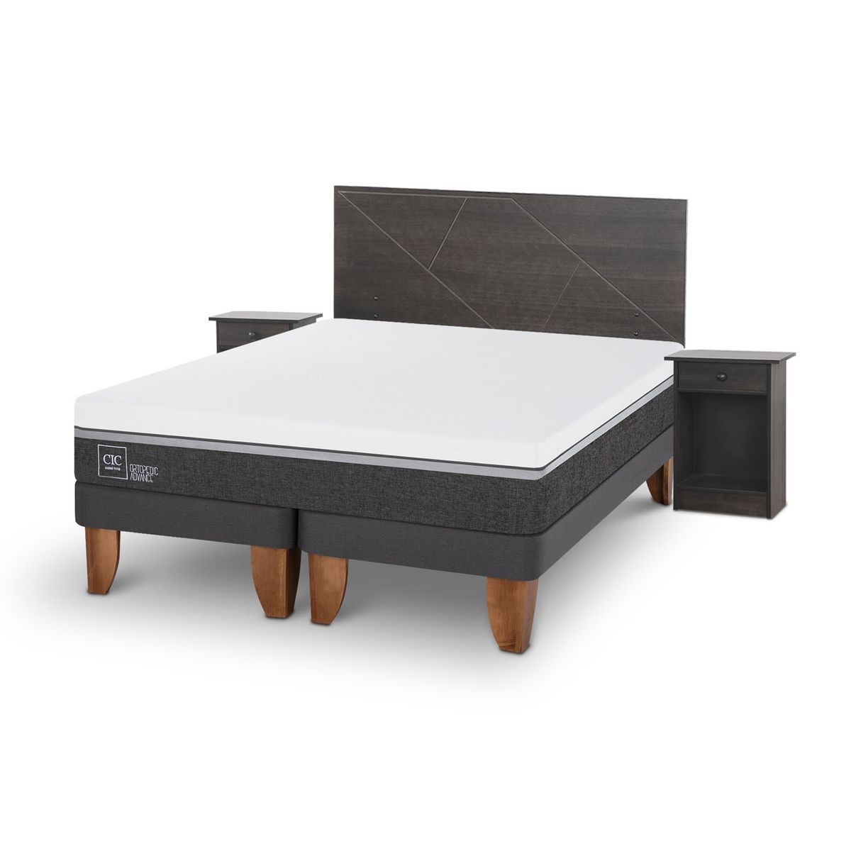 CIC - Cama Europea Ortopedic 2 Plazas + Respaldo + 2 Veladores Cic