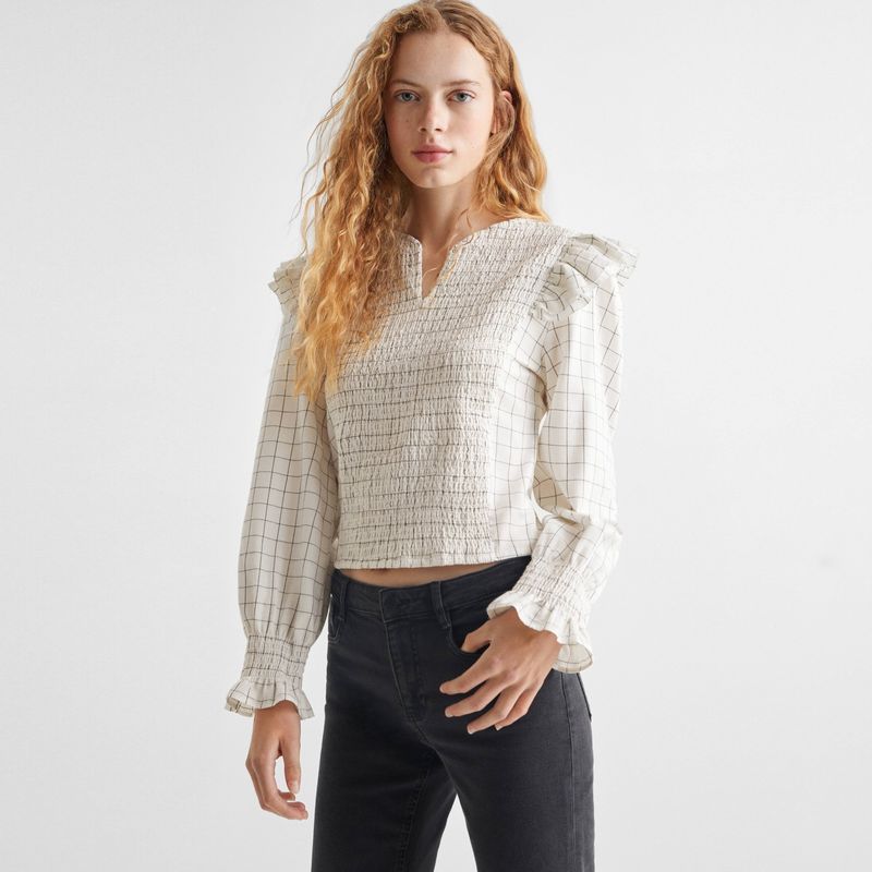 MANGO TEEN - Blusa Cuadros Volante Mujer Mango Teen