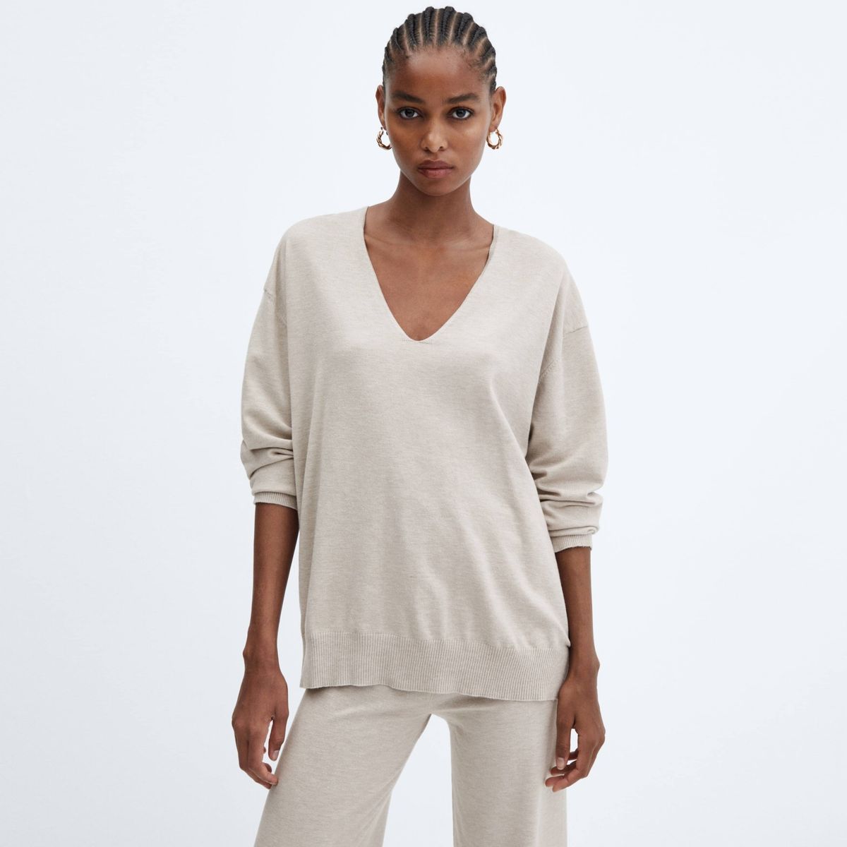 MANGO - Sweater Punto Fino Cuello Pico Mujer Mango