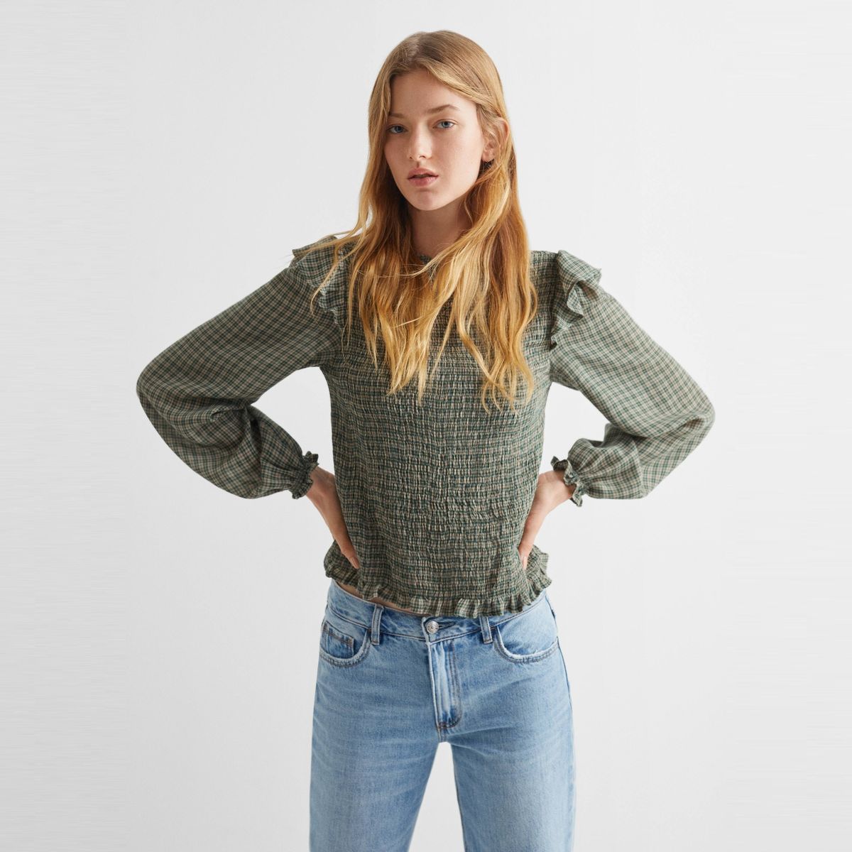 MANGO TEEN - Blusa Cuadros Volante Mujer Mango Teen