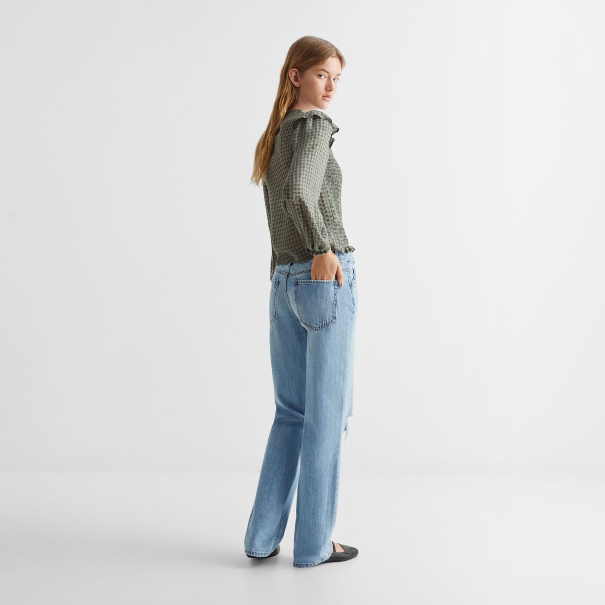 MANGO TEEN - Blusa Cuadros Volante Mujer Mango Teen