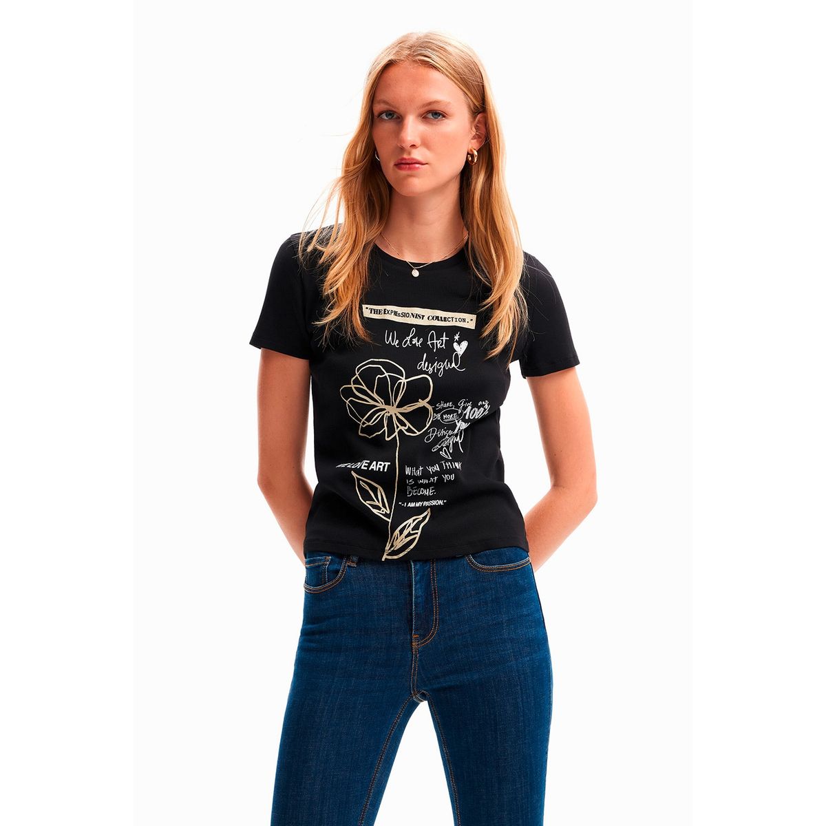 DESIGUAL - Polera Mujer Desigual Flor Mensajes Negra
