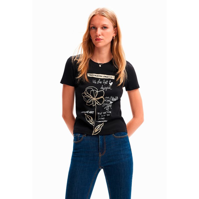 DESIGUAL Polera Mujer Desigual Flor Mensajes Negra