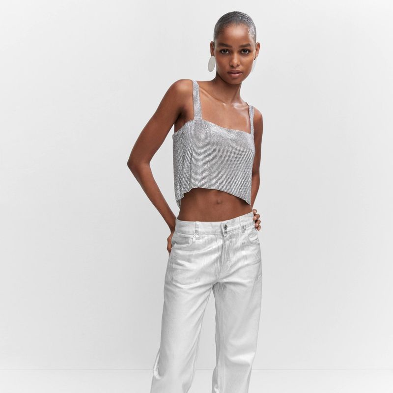 MANGO Top Malla Cristales Mujer Mango