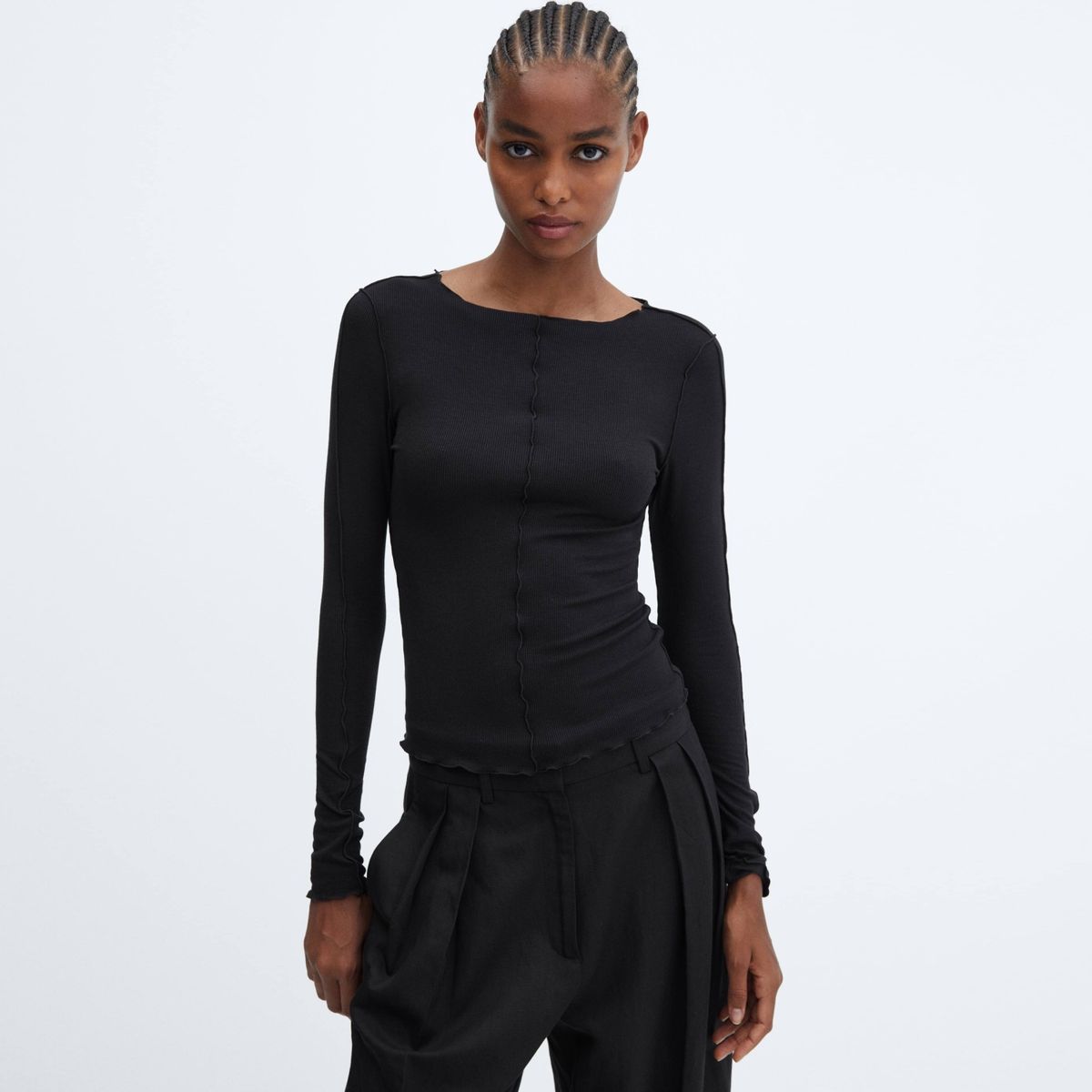 MANGO - Polera Canalé Costuras Decorativa Mujer Mango