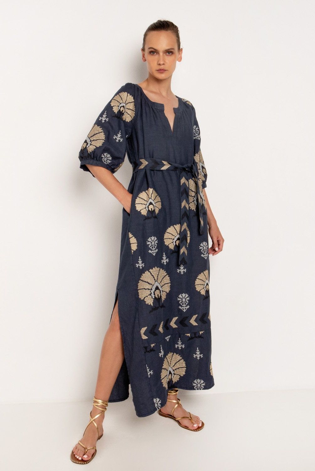 GREEK ARCHAIC KORI - Vestido Lino Peacocks M 3/4 Mujer Greek Archaic Kori