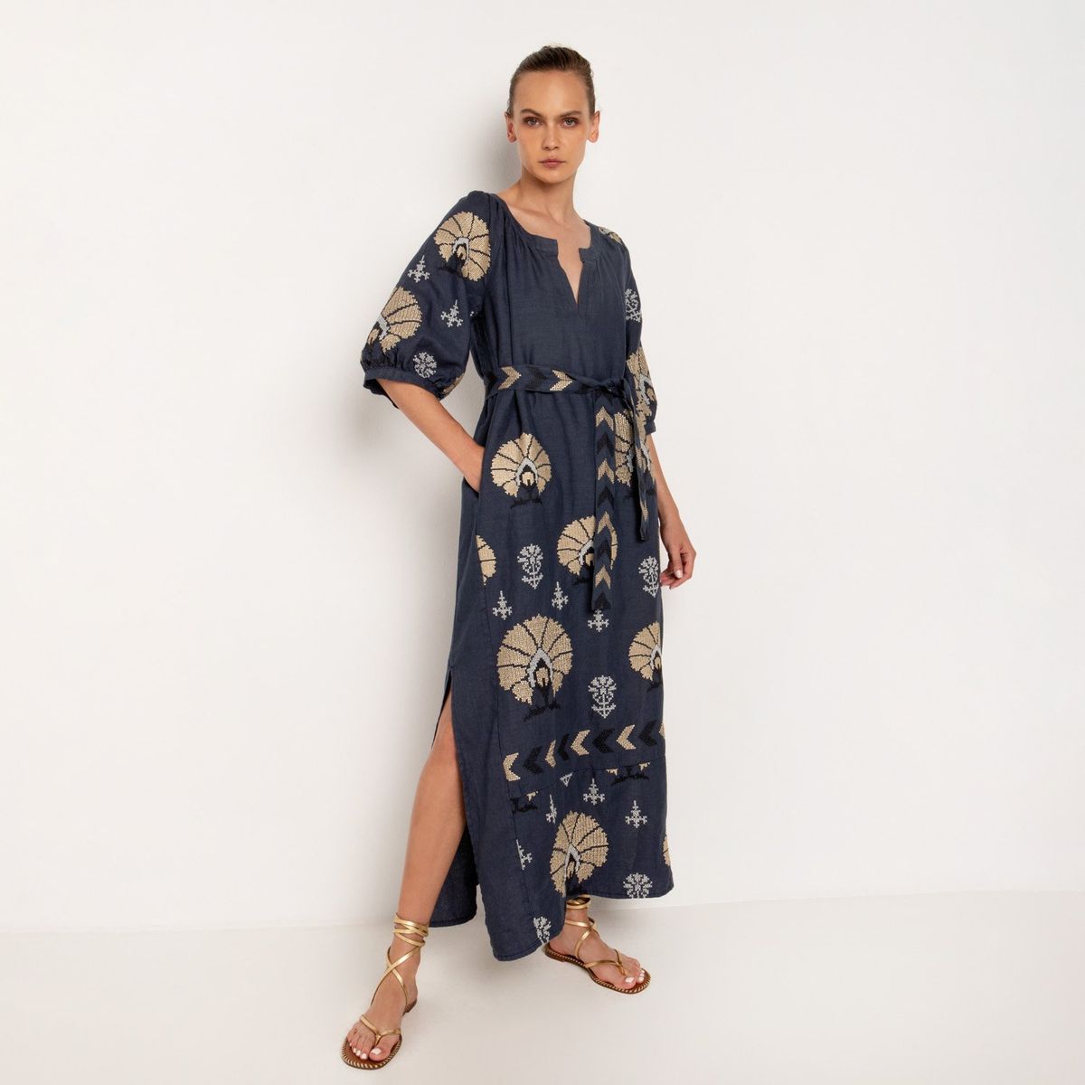 GREEK ARCHAIC KORI - Vestido Lino Peacocks M 3/4 Mujer Greek Archaic Kori