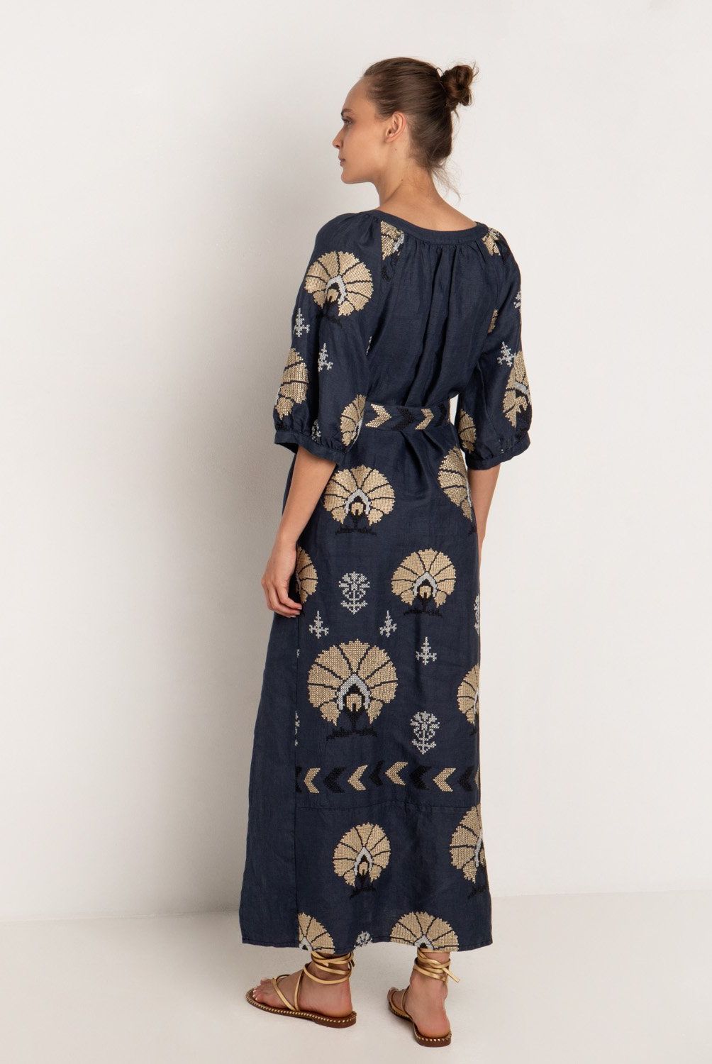 GREEK ARCHAIC KORI - Vestido Lino Peacocks M 3/4 Mujer Greek Archaic Kori