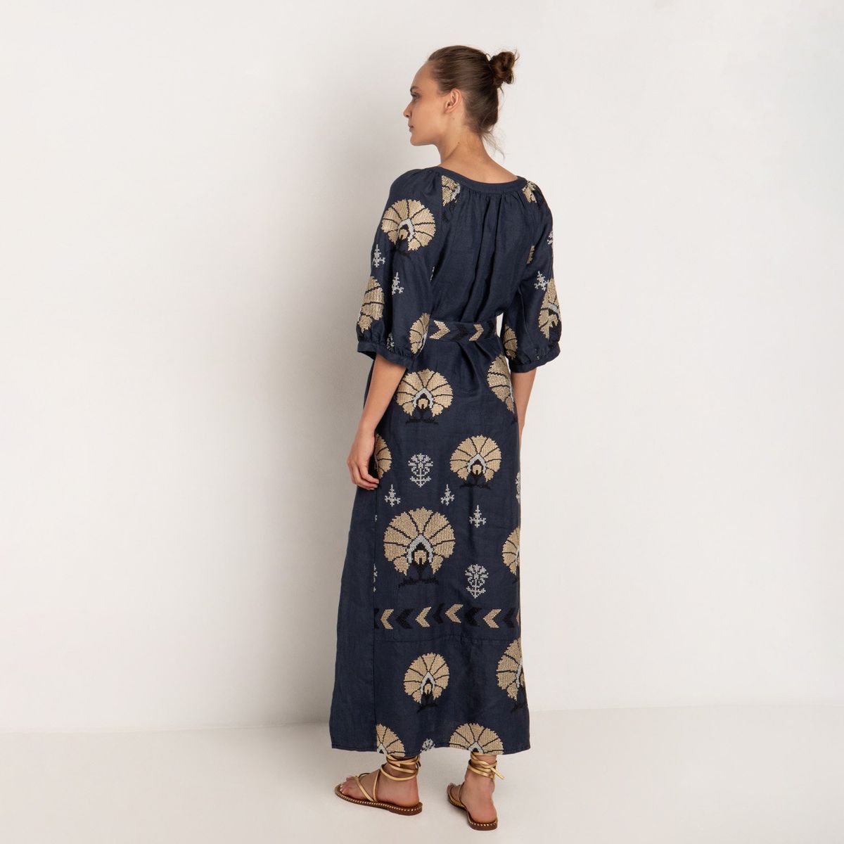 GREEK ARCHAIC KORI - Vestido Lino Peacocks M 3/4 Mujer Greek Archaic Kori