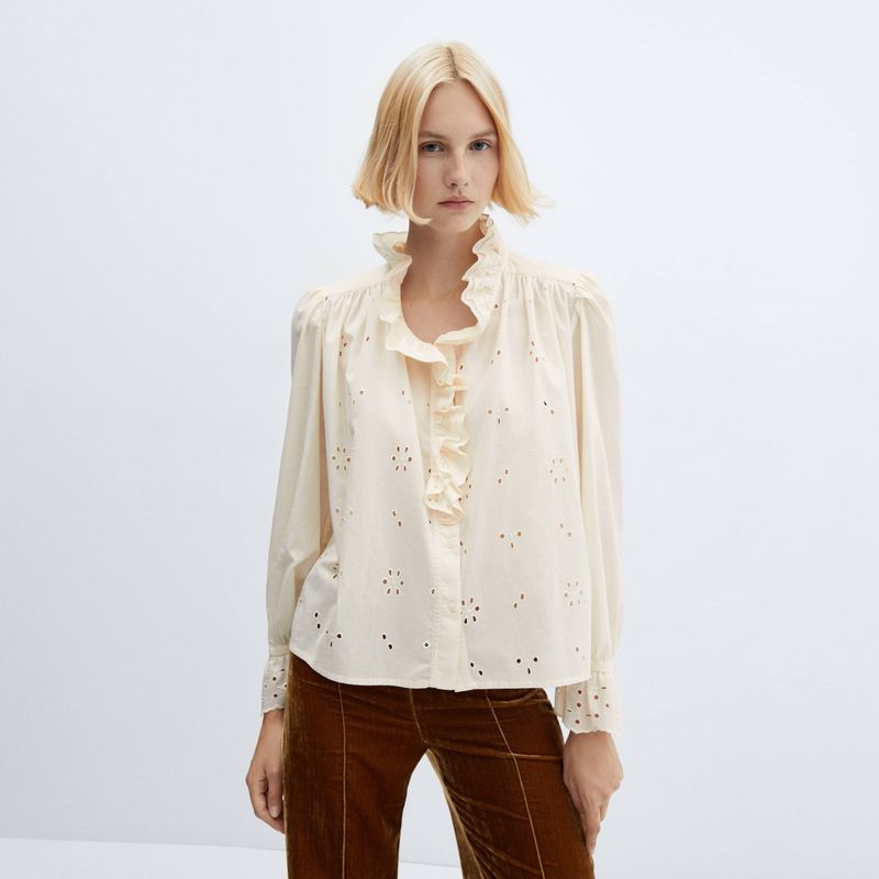 MANGO - Blusa Calada Detalle Volantes Mujer Mango