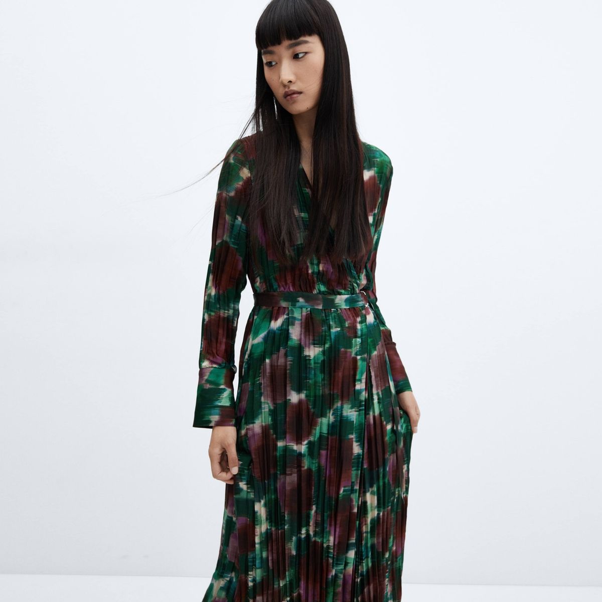 MANGO - Vestido Cruzado Plisado Mujer Mango