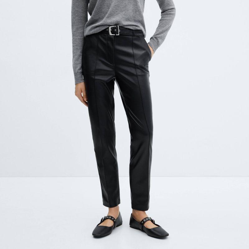 MANGO - Pantalón Cinturón Efecto Piel Mujer Mango