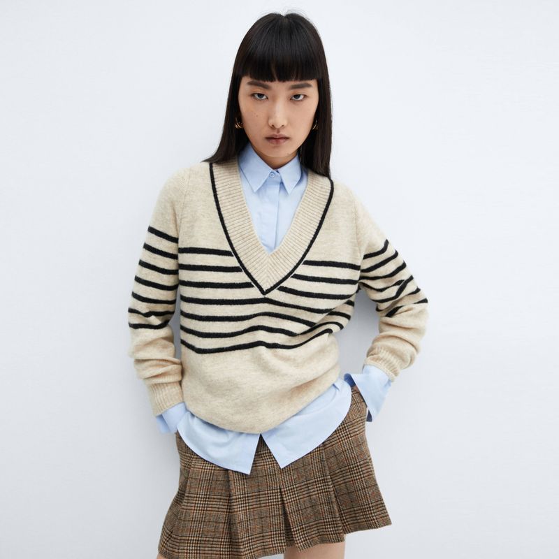 MANGO - Sweater Rayas Cuello Pico Mujer Mango