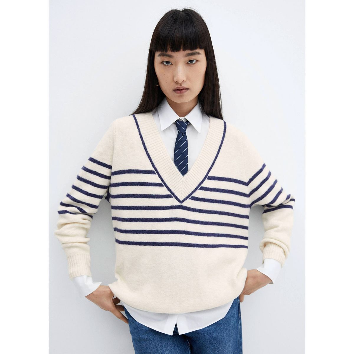 MANGO - Sweater Rayas Cuello Pico Mujer Mango