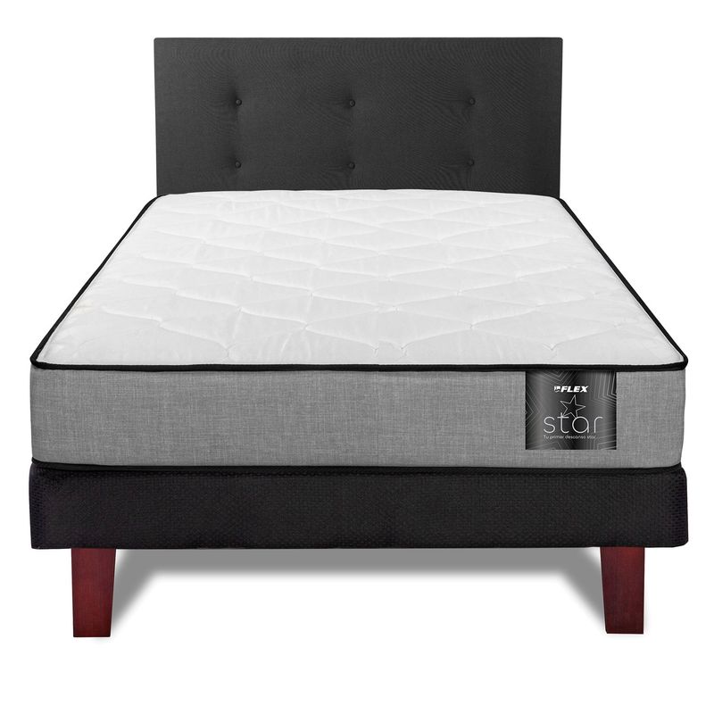 FLEX - Cama Europea Flat Black Star 1.5 Plaza Box + Respaldo Royal Negro Flex