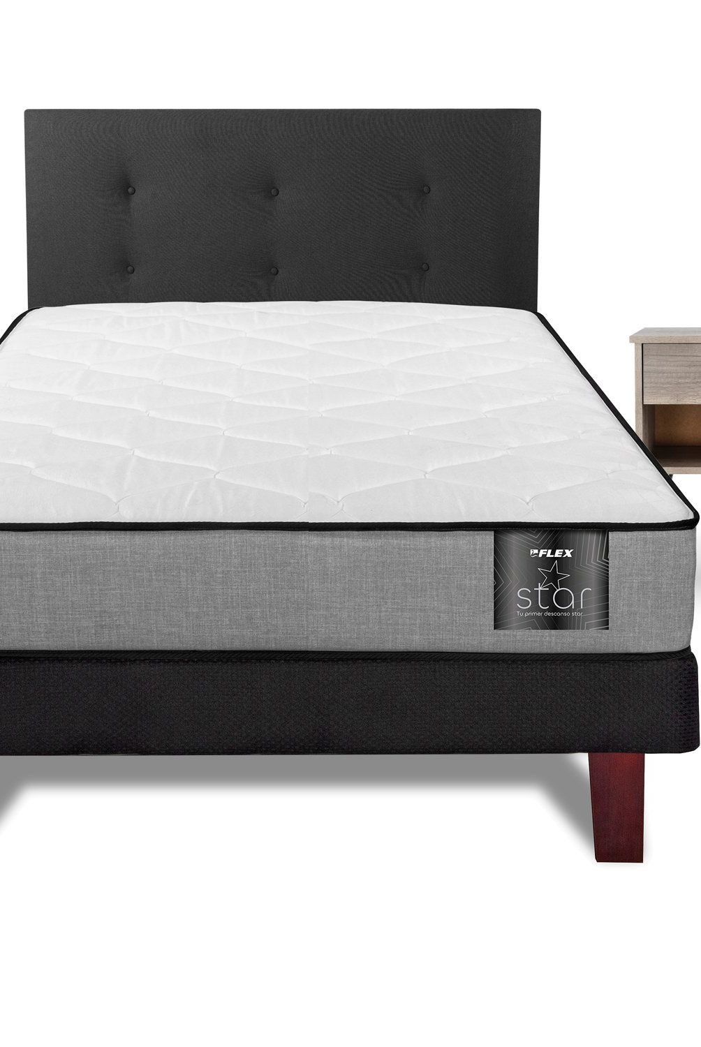 FLEX - Cama Europea Flat Black Star 1.5 Plaza Box + Respaldo Royal Negro + Veladores Rock Flex