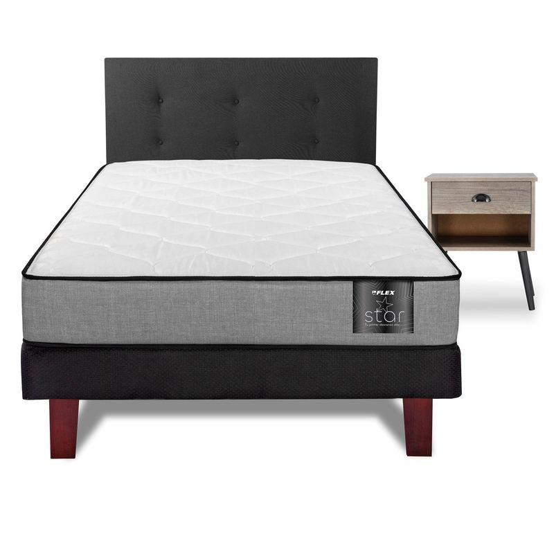 FLEX - Cama Europea Flat Black Star 1.5 Plaza Box + Respaldo Royal Negro + Veladores Rock Flex
