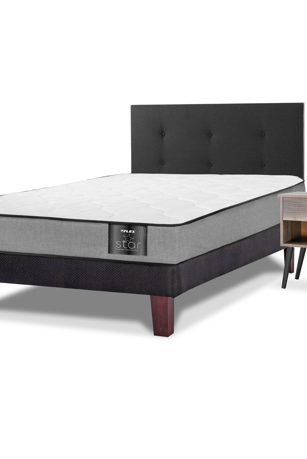 FLEX - Cama Europea Flat Black Star 1.5 Plaza Box + Respaldo Royal Negro + Veladores Rock Flex