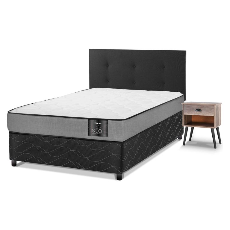FLEX Cama Americana Star 1 Plaza (90X190Cm ) + Respaldo Royal + Velador Rock
