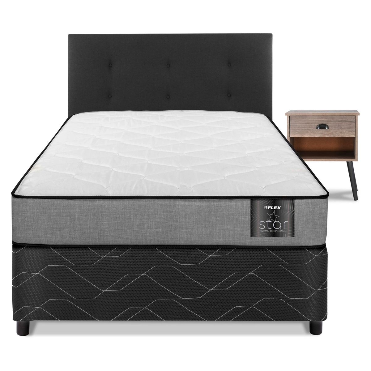 FLEX - Cama Americana Star 1 Plaza (90X190Cm ) + Respaldo Royal + Velador Rock Flex