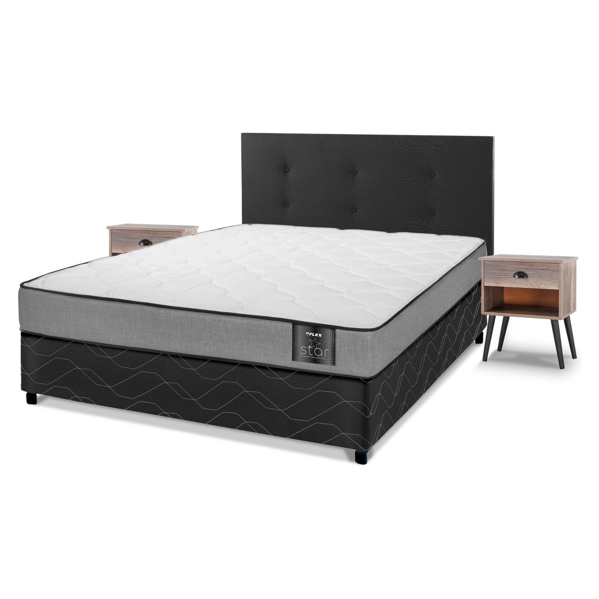 FLEX - Cama Americana Star 2 Plazas (150X190 Cm) + Respaldo Royal + Velador Rock Flex