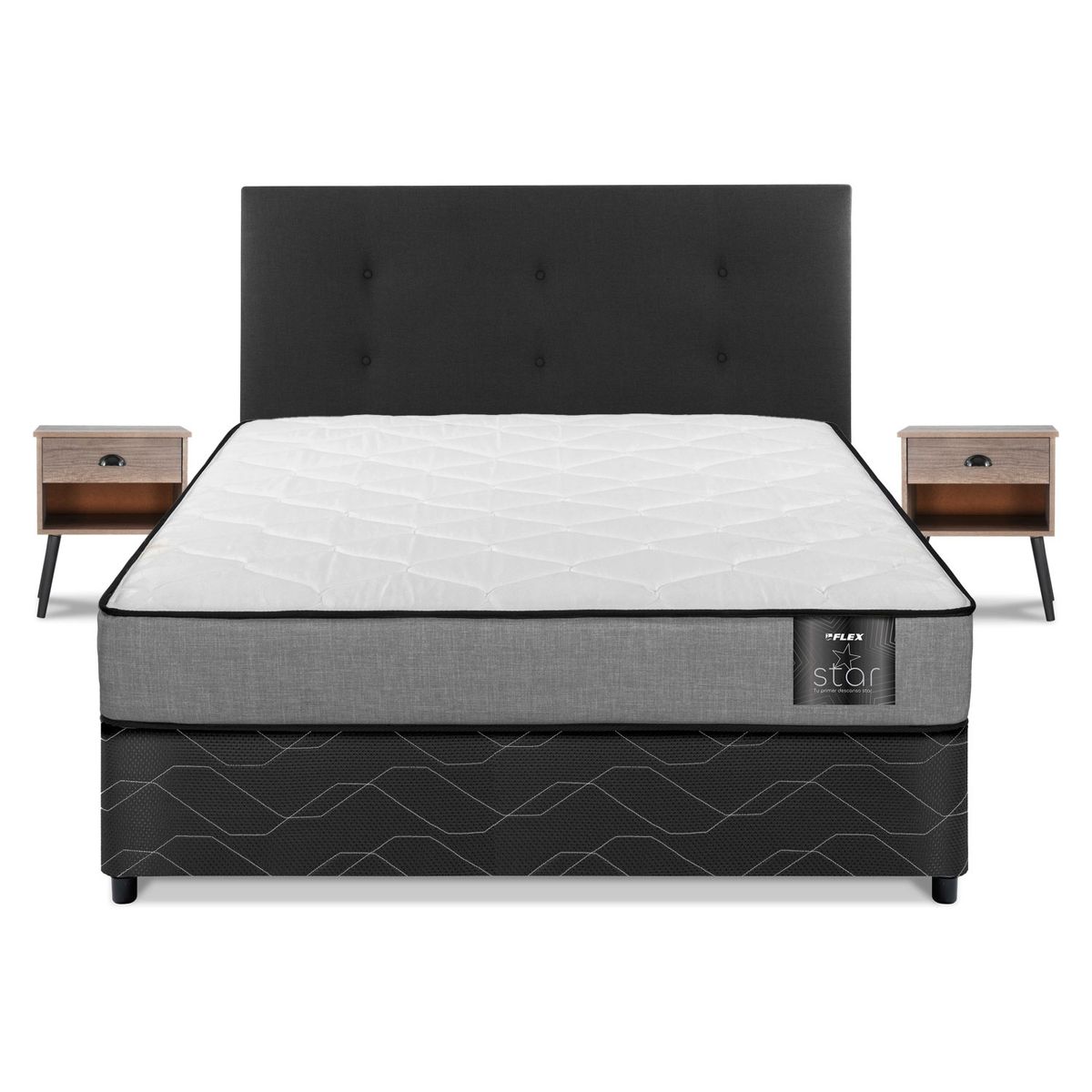 FLEX - Cama Americana Star 2 Plazas (150X190 Cm) + Respaldo Royal + Velador Rock Flex