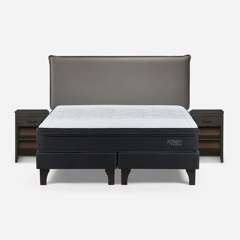 Cama Europea Tempo 2 Plazas x 2.00mt Base Dividida + Respaldo + 2 Veladores